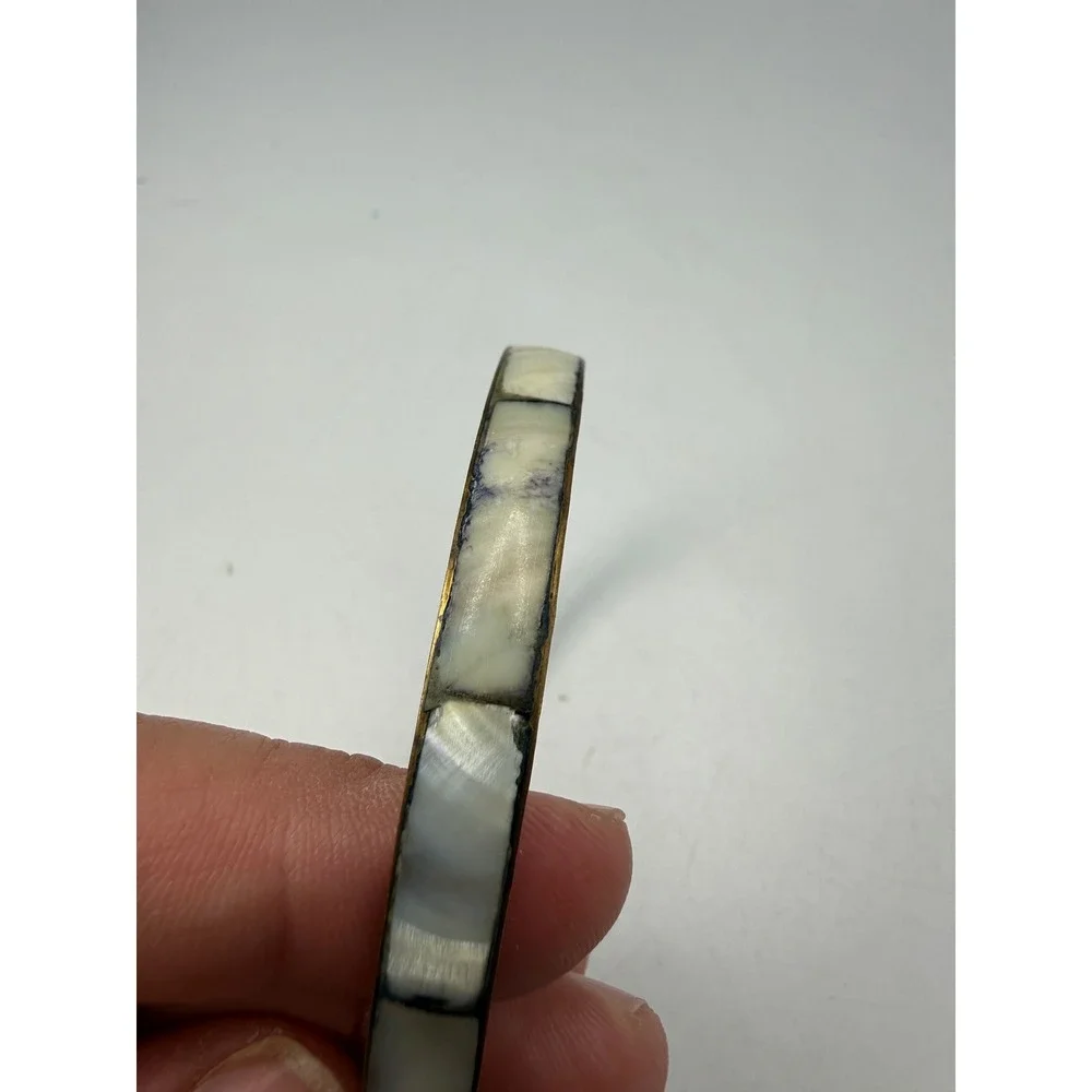 Vintage Brass Mother of Pearl Inlay Bangle Bracelet Iridescent Shell Boho